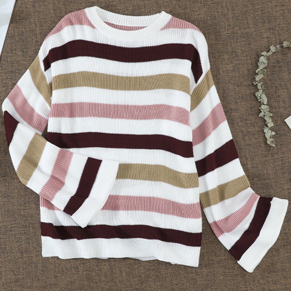 Pink Casual Loose Bell Sleeves Striped Knit Sweater - Picture 4 of 15